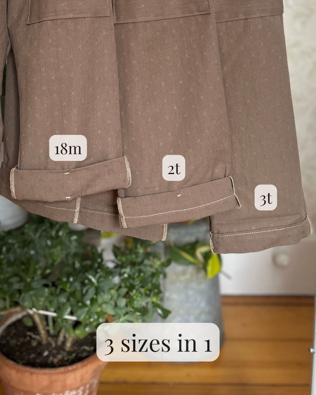 River Rock Caterpillar pants displayed with size labels on a neutral background
