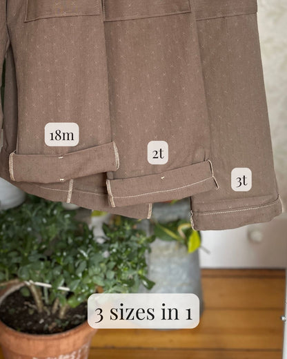River Rock Caterpillar pants displayed with size labels on a neutral background
